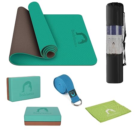 Bodylastics TPE Yoga Mat Set Includes 2 Yoga Blocks, Cooling Towel, Yoga Strap & Storage Bag for Men & Women Anti Slip & Tear Workout, Green
