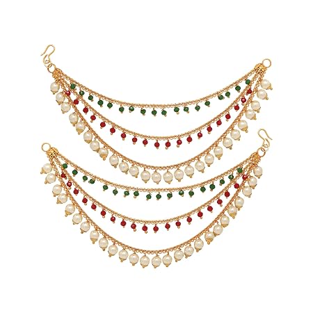 ZENEME Women's Gold Plated Long Hair Red Green Bahubali Golden Pearl Chain Jewellery Earring (Multi)