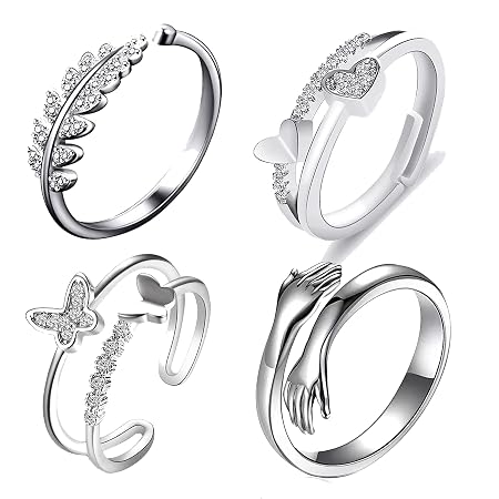 Fashion Frill Silver Rings For Women Stainless Steetl AD Heart Hug Silver Adjustable Ring For Women Girls Anniversary Gift For Wife Girlfriend Love Gifts Jewellery