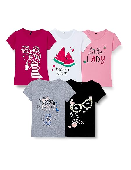 T2F Girl's Plain Regular fit T-Shirt (Pack of 5) (GLS-TSRT-01_Multi 1 7-8 Years)