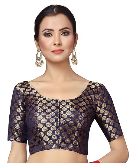 Studio Shringaar Women's Readymade Brocade Short Sleeves Saree Blouse (Navy Blue,46)