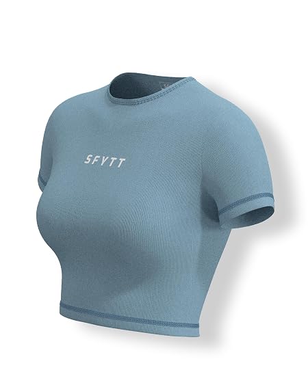 Sfytt Women Gym Crop Top Athletic Yoga Short Sleeve Fitness Tight Tee Outdoor Workout Cropped Tank Tops (Pale Aqua-L)