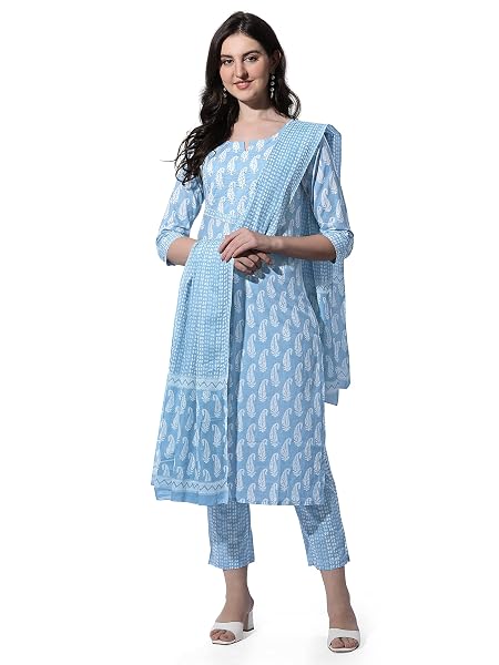 MIRCHI FASHION Pure Cotton Women's Straight Fit Paisley Printed & Sequins Thread Work Kurta Set with Dupatta & Trouser Pant (K9076 - Powder Blue, White - 7XL)