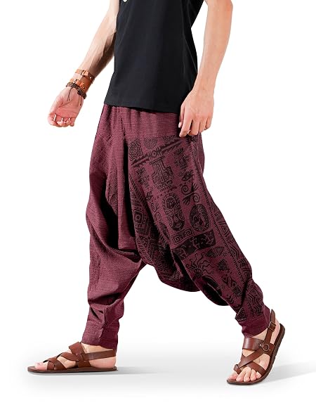 The Veshti Company Hippie Harem Mid Rise Regular Pants For Men's Drop Crotch Tapestry Baggy Boho Printed Yoga Pajama Pant, Purple - Tribal Stone, Large