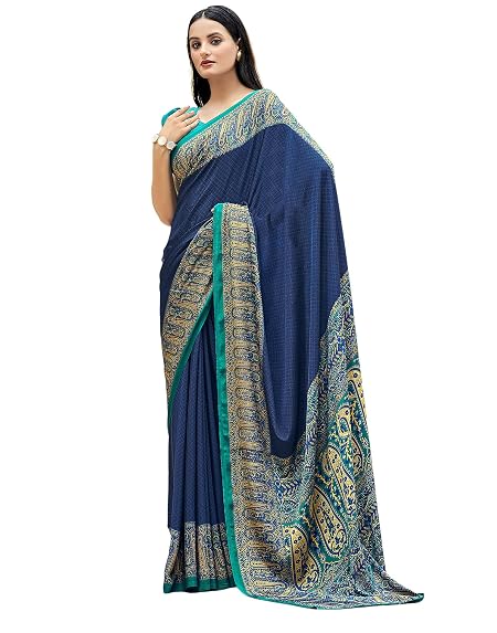 SIRIL Silk Crepe Printed Saree for Women With Unstitched Blouse Piece (3441S3029_Dark Blue)