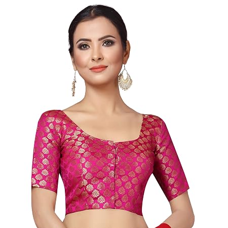 Studio Shringaar Women's Readymade Brocade Short Sleeves Saree Blouse (Pink,38)