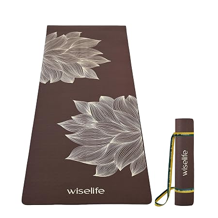 Wiselife tpe Printed 6MM Yoga Mat + Yoga Strap For Men, Women, Kids|Anti-Slip Extra thick, long & Wide Exercise Sports Mat For Workout, Fitness, Yoga, Gym, Home & Pilates (Lotus-Brown)