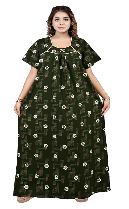 UPPER COLLECTION Women’s Cotton Printed Nighty | Long Gown Maxi for Women | Plus Size Stylish Jumbo Nighty | Ladies Night Dress XL XXL 3XL 4XL (Mehndi, 3XL)