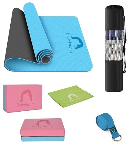 Bodylastics TPE Yoga Mat Set Includes 2 Yoga Blocks, Cooling Towel, Yoga Strap & Storage Bag for Men & Women Anti Slip & Tear Workout