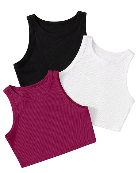 (Pack of 3) Stylish Sleeveless Round Neck Ribbed Tank Tops for Women and Western Crop Top
