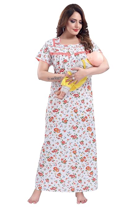 Soulemo Women's Pure Cotton Feeding Nighty (S - Bust 38, OFFWHITE & RED)