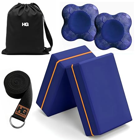 HOMEGALLEY Yoga Blocks Pack of 2 with Belt and 2 Knee Pad for Exercise, Yoga, Pilates & Gym Block Pair to Improve Strength, Balance, Stretching Yoga Bricks Set with Strap for Women and Men, Navy Blue