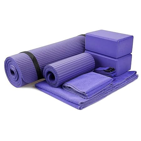 BalanceFrom GoYoga 7-Piece Set - Include Yoga Mat with Carrying Strap, 2 Yoga Blocks, Yoga Mat Towel, Yoga Hand Towel, Yoga Strap and Yoga Knee Pad (Purple, 1/2"-Thick Mat)