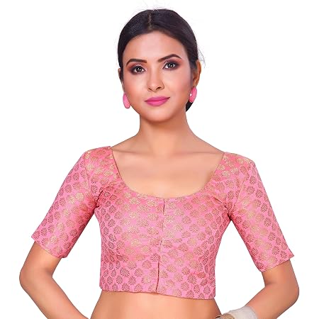 Studio Shringaar Women's Readymade Brocade Short Sleeves Saree Blouse (Light Pink,38)