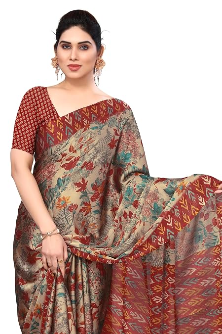 MIRCHI FASHION Chiffon Georgette Floral and Blocks Printed Sarees for Women with Blouse Piece (38321-Beige, Maroon)