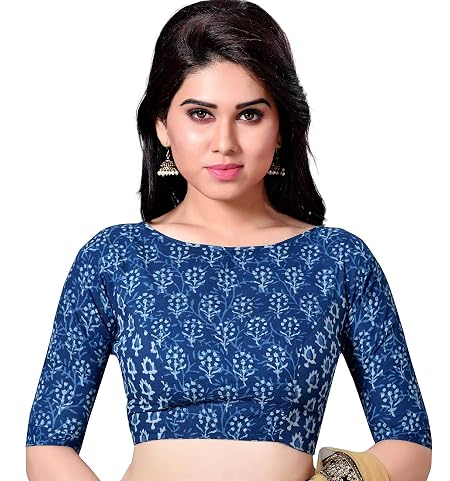 Studio Shringaar Women's Cotton Jaipuri Elbow Length Sleeve Saree Blouse (Indigo Blue_34)