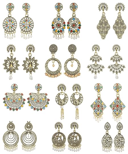 Kreyam's Combo Pack of 12 Pairs Antique Gold Plated Oxidized Earrings for Women & Girls - Assorted Tribal Boho Floral & Peacock Design Dangle Jewelry Set