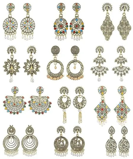 Combo Pack of 12 Pairs Antique Gold Plated Oxidized Earrings for Women & - Jados Fashion