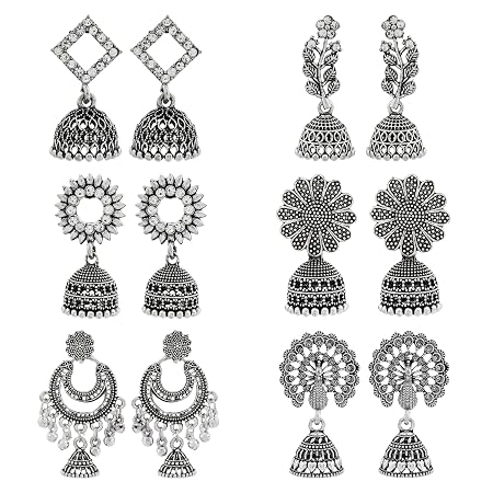 DEW MAT 6pc Earrings Set For Women | Jhumka For Women Gift Box Stylish Antique |Oxidised Silver Jhumka For Women | Girls Fashion Earrings Meenakari Oxidised Kundans Flower Temple South Indian Traditional Ear rings Gift For Girlfriend,Mother,Wife,Sister.