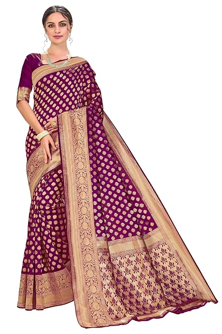 Glory Sarees Women's Woven Pure Soft Kanjivaram Silk Saree Banarasi Style With Blouse Piece for Wedding (kara115wine_Wine)