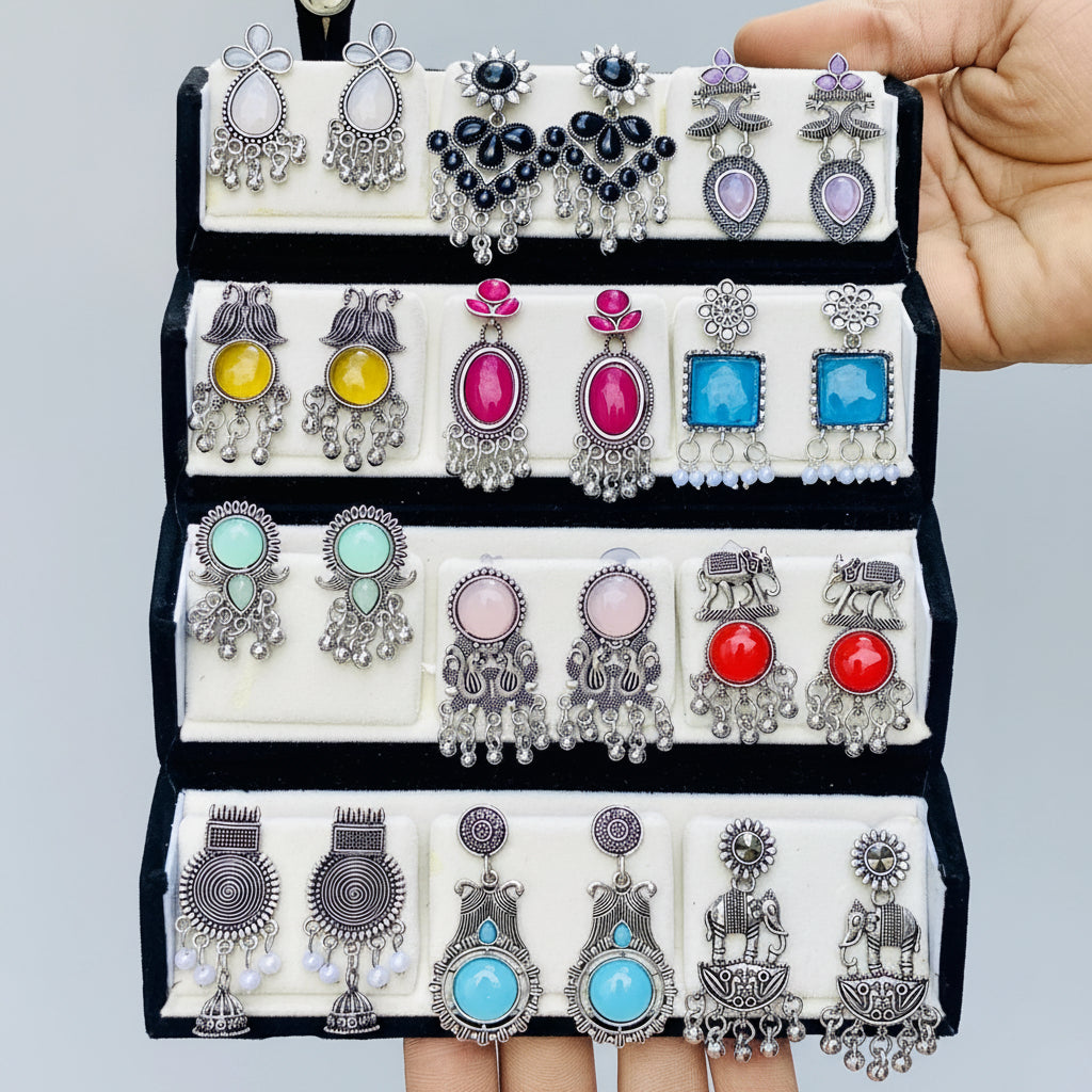 Premium Gift Combo 12 Designer Oxidized Jhumka Earrings Set Folding Box
