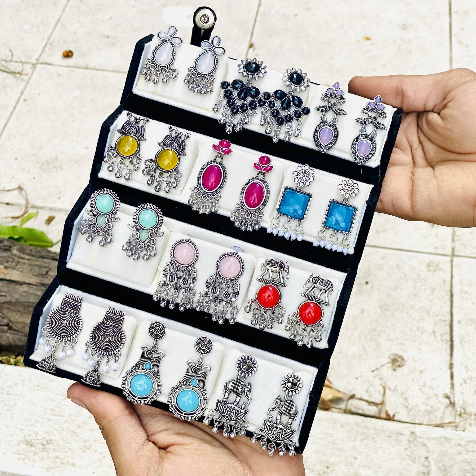 Premium Gift Combo 12 Designer Oxidized Jhumka Earrings Set Folding Box
