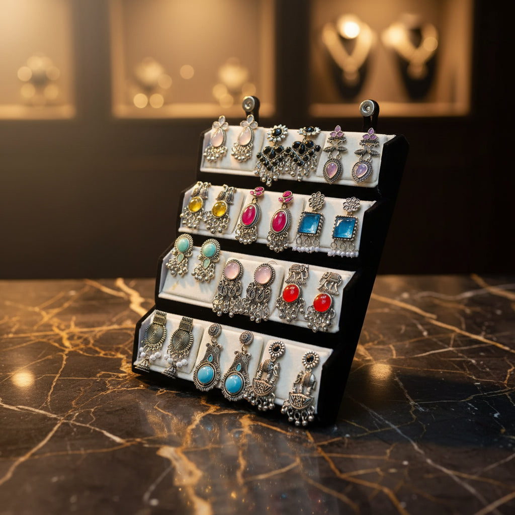 Premium Gift Combo 12 Designer Oxidized Jhumka Earrings Set Folding Box