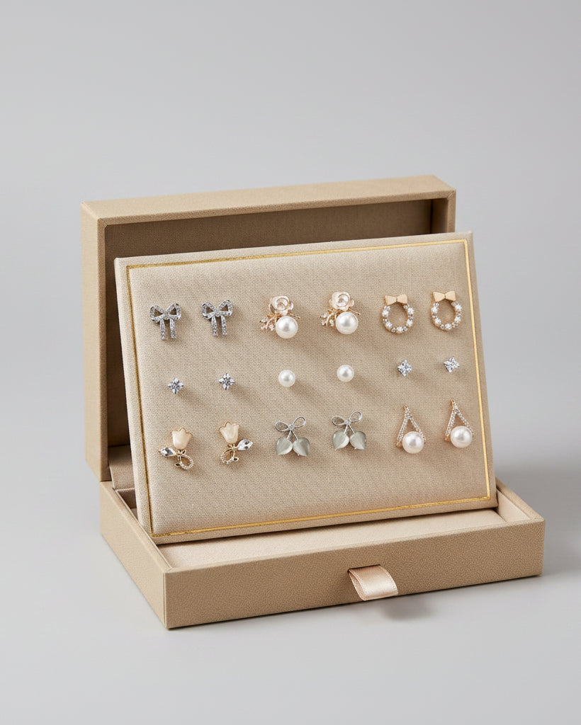 Trendy Korean Style Pearl Earrings Combo Pack (9 Pairs) Beads Alloy Stud Earring