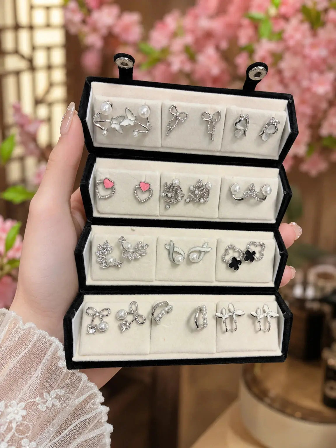 Korean Pearl & Crystal Earrings Combo Box Crystal Alloy Stud Earring, Earring Set - Jados Fashion