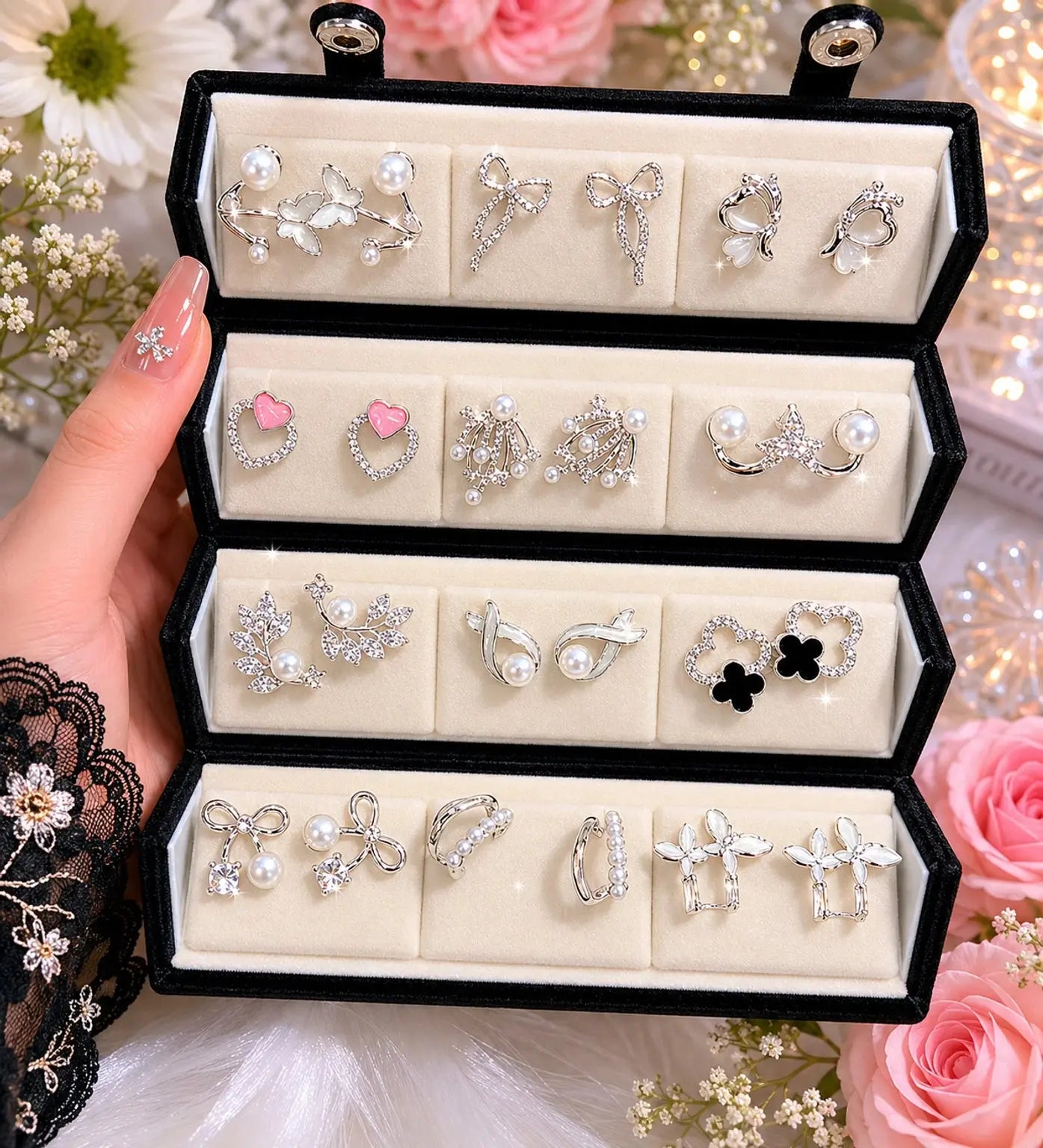 Korean Pearl & Crystal Earrings Combo Box Crystal Alloy Stud Earring, Earring Set - Jados Fashion